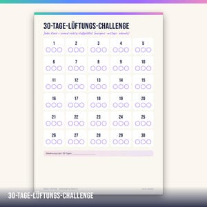 Może przedstawiać: Biały papierowy tracker zatytułowany 30-TAGE-L&Uuml;FTUNGS-CHALLENGE z siatką trzydziestu ponumerowanych p&oacute;l. Każde pole zawiera trzy fioletowe k&oacute;łka do śledzenia codziennych zadań związanych z wietrzeniem. Na dole znajduje się linia na nagrodę po 30 dniach.