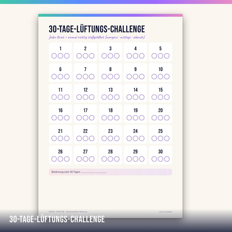 Może przedstawiać: Biały papierowy tracker zatytułowany 30-TAGE-L&Uuml;FTUNGS-CHALLENGE z siatką trzydziestu ponumerowanych p&oacute;l. Każde pole zawiera trzy fioletowe k&oacute;łka do śledzenia codziennych zadań związanych z wietrzeniem. Na dole znajduje się linia na nagrodę po 30 dniach.
