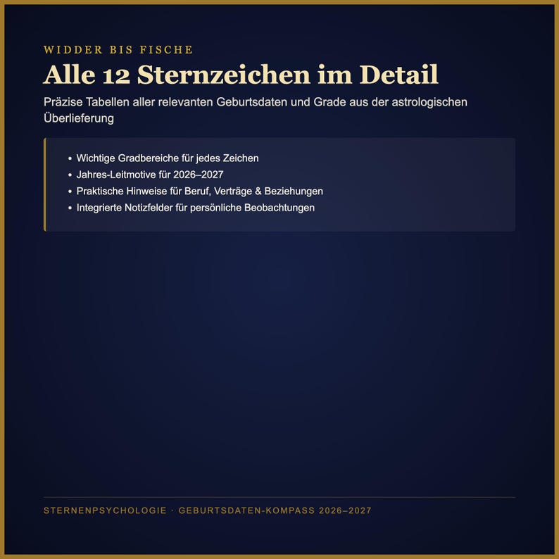 May include: A dark blue informational graphic titled Widder bis Fische Alle 12 Sternzeichen im Detail. It lists astrological data, 2026-2027 themes, career and relationship advice, and note sections for personal observations.