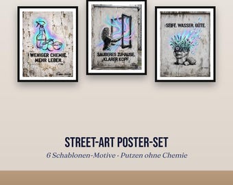 Set di poster per lavanderia, cucina e bagno | 6 poster con stencil di street art da stampare | Decorazioni murali con frasi | Pulizia senza prodotti chimici