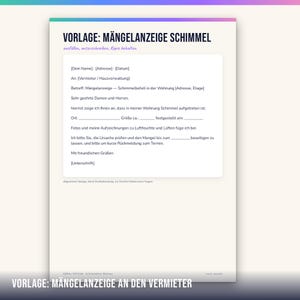 Może przedstawiać: Biały szablon dokumentu zatytułowany VORLAGE: M&Auml;NGELANZEIGE SCHIMMEL z czarnym tekstem w języku niemieckim. Formularz zawiera pola na imię i nazwisko, adres, datę, dane wynajmującego oraz formalny list do zgłaszania pleśni w wynajmowanym lokalu.