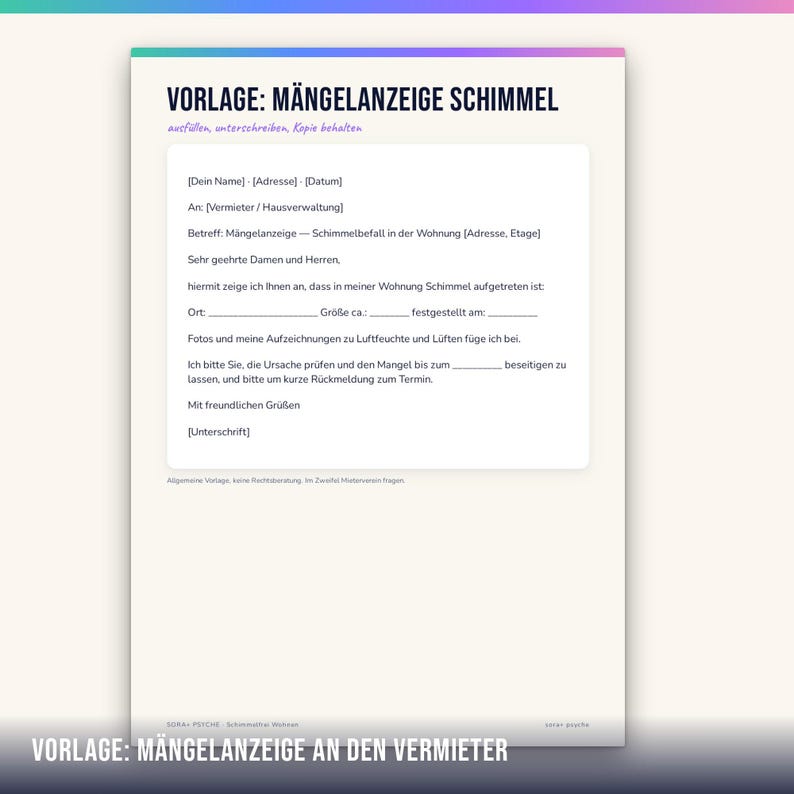 Może przedstawiać: Biały szablon dokumentu zatytułowany VORLAGE: M&Auml;NGELANZEIGE SCHIMMEL z czarnym tekstem w języku niemieckim. Formularz zawiera pola na imię i nazwisko, adres, datę, dane wynajmującego oraz formalny list do zgłaszania pleśni w wynajmowanym lokalu.