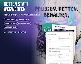 Peut inclure: Un guide numérique intitulé Retten statt Wegwerfen comprenant 18 instructions de réparation pour le chrome, l'argent, la fonte et le bois. Le document inclut une liste de matériaux et de réparations sur 21 pages aux formats A4 et US Letter en allemand.