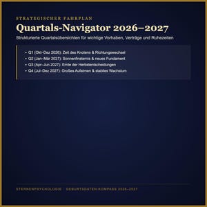 May include: A dark blue informational graphic titled Strategischer Fahrplan Quartals-Navigator 2026-2027. It lists quarterly themes from Q1 to Q4 in German, including Okt-Dez 2026, Jan-M&auml;r 2027, Apr-Jun 2027, and Jul-Dez 2027, with a footer text.