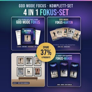 Könnte beinhalten: Ein 4-in-1 Fokus-Set namens God Mode Focus, bestehend aus einem digitalen Planer mit 71 Seiten, 32 Fokus-Karten, 6 Wandbildern und 12 Handy-Hintergründen. Ein gelber Kreis in der Mitte hebt ein Sparangebot von 37% für die 4 Produkte hervor.