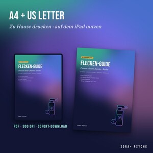 以下が含まれることがあります： タブレットとドキュメントシートに表示された「Flecken-Guide Putzen ohne Chemie-Reihe」というタイトルのデジタルクリーニングガイド。グラデーションの背景、スプレーボトルのアイコン、A4およびUSレター形式を示すテキストがデザインされています。