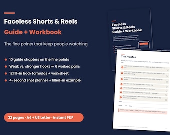 Reels Hooks & Content Planner | Guida ai video brevi di YouTube senza volto + quaderno di lavoro | Modelli di aggancio, PDF di monitoraggio