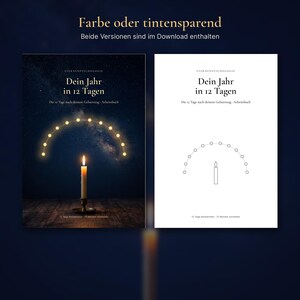 Peut inclure: Deux couvertures de cahier d'exercices num&eacute;riques intitul&eacute;es 'Dein Jahr in 12 Tagen'. La couverture de gauche montre un ciel &eacute;toil&eacute; sombre, une bougie allum&eacute;e et un arc de points lumineux. La droite est blanche avec un dessin au trait noir.