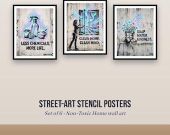 Set di 6 decorazioni murali per la lavanderia | Poster con stencil di street art stampabili | Stampe con citazioni per una casa pulita | Decorazioni per cucina e bagno