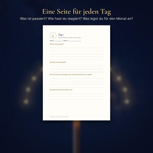 Peut inclure: Une page de journal blanche avec le texte allemand Eine Seite f&uuml;r jeden Tag, Was ist passiert? Wie hast du reagiert? Was legst du f&uuml;r den Monat an? La page comprend un en-t&ecirc;te pour Tag 1, des lignes pour la date et le mois, et des invites.