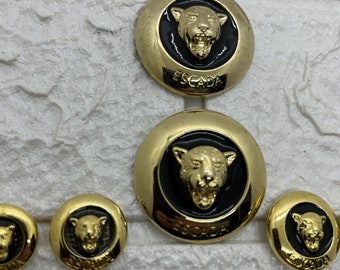 8 Vintage Escada Gold Tone Metal Leopard Wild Cat & Black Enamel Replacement Buttons