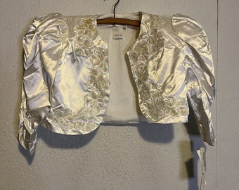 Vintage 1990s Jessica McClintock Wedding Bridal Bolero Ivory Satin Padded Shoulders, 4