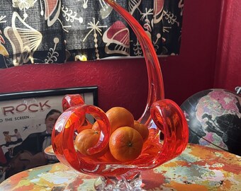 Vintage 60s Signed Chalet Canada 4 Point Electric Orange Art Glass Bowl Centerpiece . chipped foot