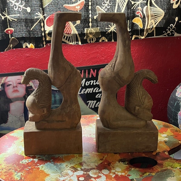 Large Pair Vintage Tribal Hand Carved Wood Bookends Set of 2 Acrobatic Natives