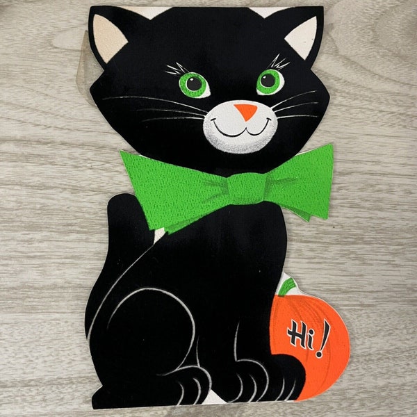 Vintage Halloween découpé floqué chat noir yeux verts et arc 9.5" carte/table debout