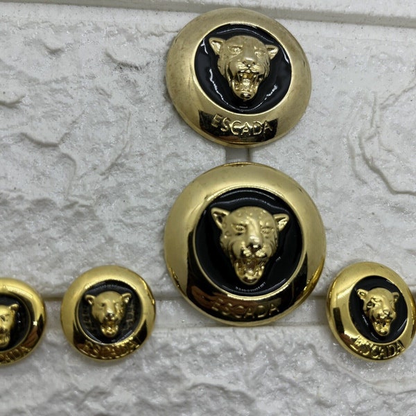 8 Vintage Escada Gold Tone Metal Leopard Wild Cat & Black Enamel Replacement Buttons