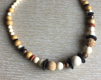 Chunky Vintage 1980s Bead Necklace ~ Wood, Cork & Plastic