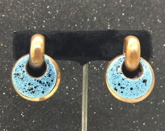 Vintage Mid Century Layered Copper & Enamel Earrings ~ Blue Speckled
