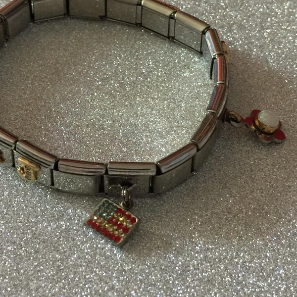 Vintage 1990s Italian Charm Bracelet ~ Stretch Stainless Steel + NOS Charm Lot