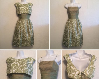 Unique 1950s Vintage Olive Green Floral Formal Dress with Bow Back Top