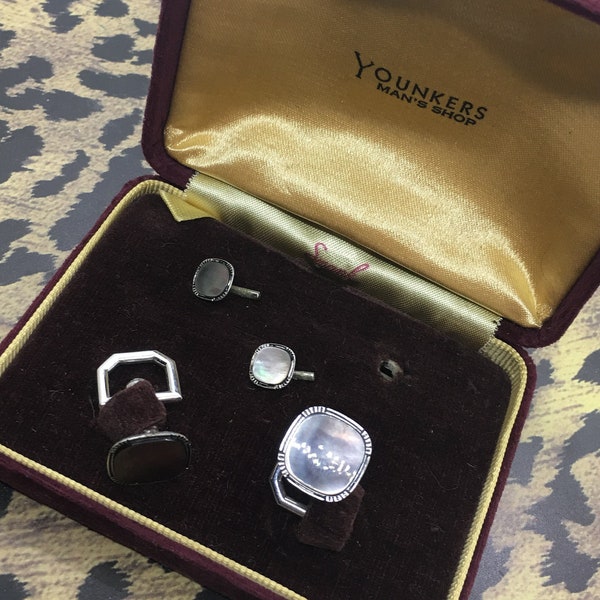 Vintage Swank Set ~ Cufflink & Spring Studs Mother of Pearl Shell, Baer and Wilde Plate, Younkers Man's Shop