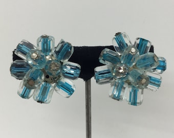 Vintage Aqua & Clear Glass Cluster Bead Clip-On Earrings, Mid Century Japan