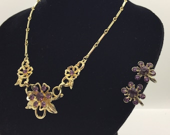 Coro Purple Amethyst Rhinestone Choker Necklace & Matching Earrings