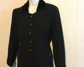 Vintage 1940s Forstmann Tailored Jet Black Wool & Rhinestone Jacket / Skirt Suit Set