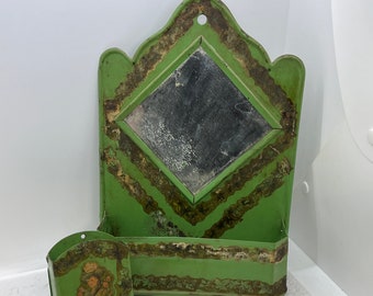 Antique Green Metal Mirror Wall Vanity & Soap Dispenser