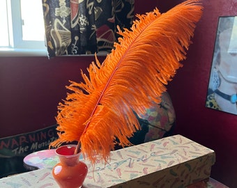 Antieke Vintage jaren 1920 Oranje Struisvogel Veer Quill Pen + Glas Rest & Box. Flapper Accessoire