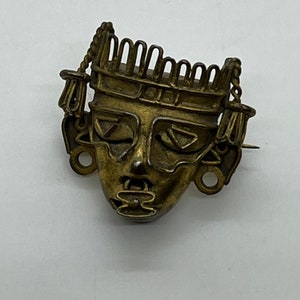 Vintage Brass Aztec / Mayan Mask Brooch . Pin