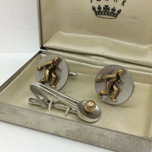 Vintage Bowling Theme Cuff links & Tie Clip in Box by Swank