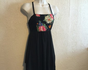 Long Black Vintage 1970s Dress w. Colorful Quilted Bodice & Pointed Peplum