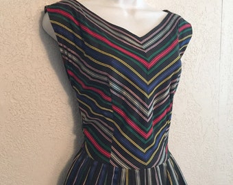 Vintage 1940s Black Taffeta Dress with Multi-Color Stripes by Lorch, Dallas