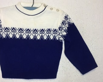 Vintage Nordic Blue and White Baby Sweater by Cuddle Knit, 1 1/2-2 Year