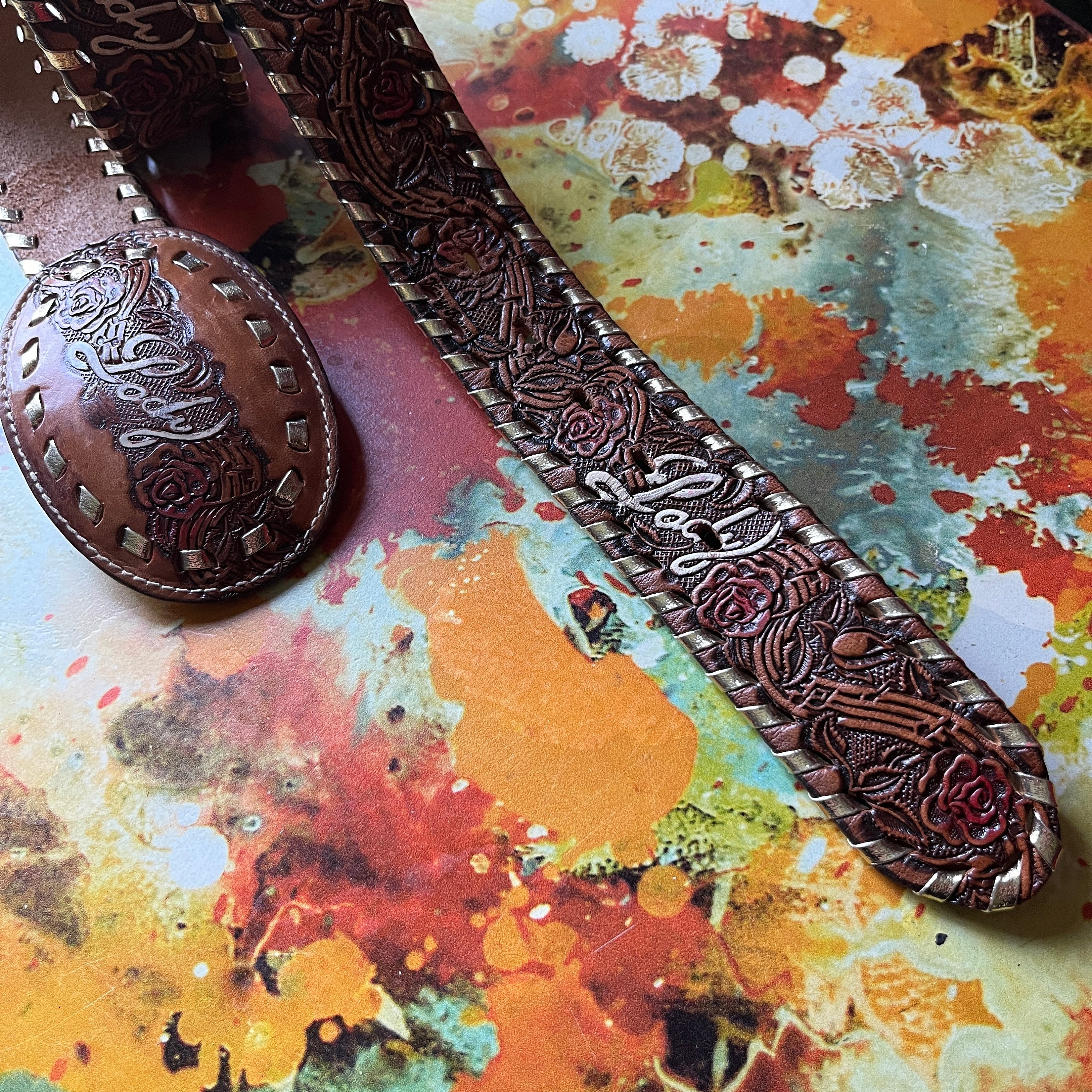Vintage Kenny Rogers Lady Song Tooled Leather Belt & Buckle  display picture 2