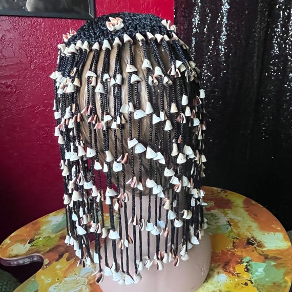 Vintage 1970s Cowrie Shell Black Fringe Cleopatra Headpiece  display picture 3