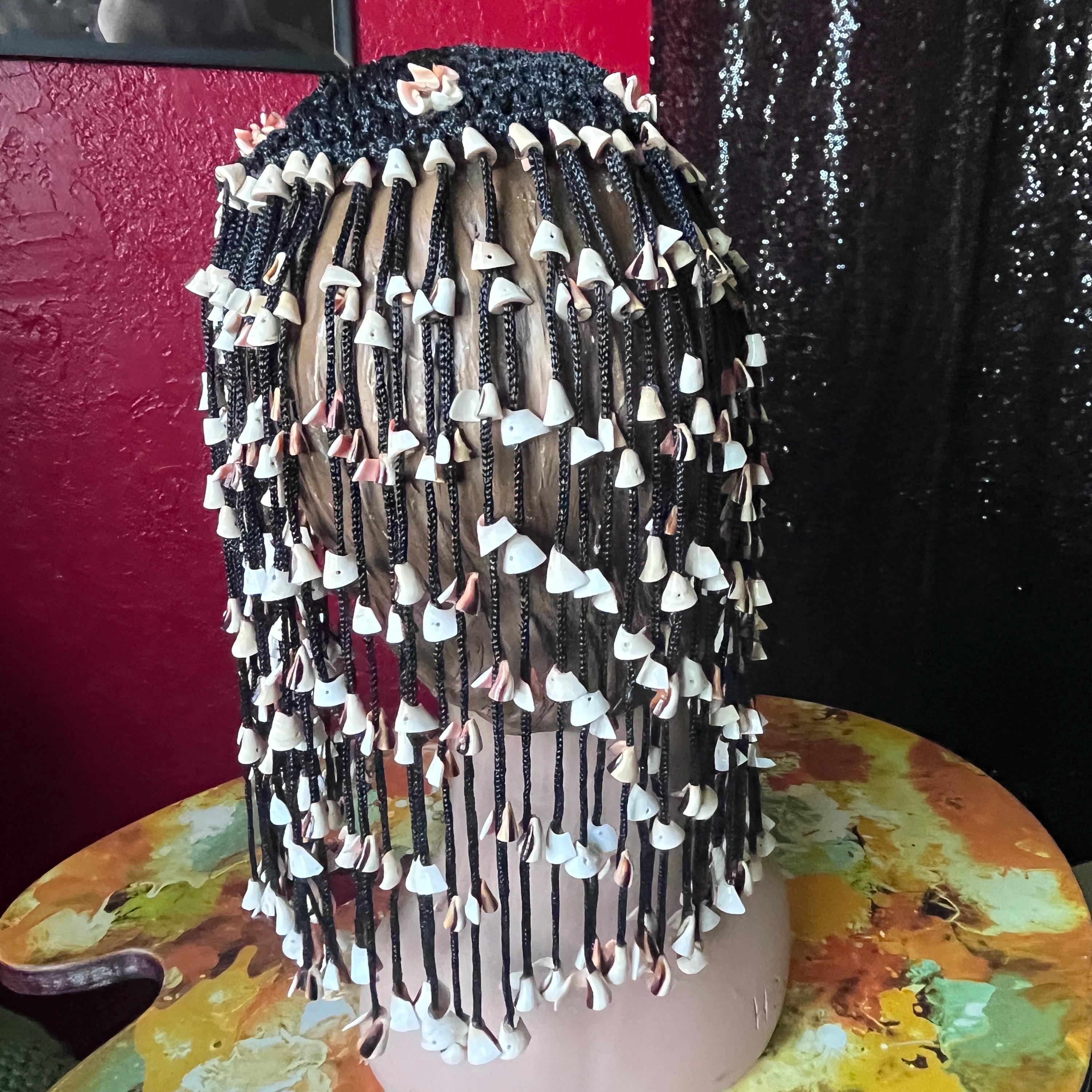 Vintage 1970s Cowrie Shell Black Fringe Cleopatra Headpiece  display picture 3