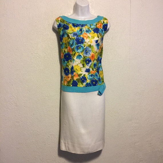 Vintage Bright Floral & White Drop-waist Dress - image 2