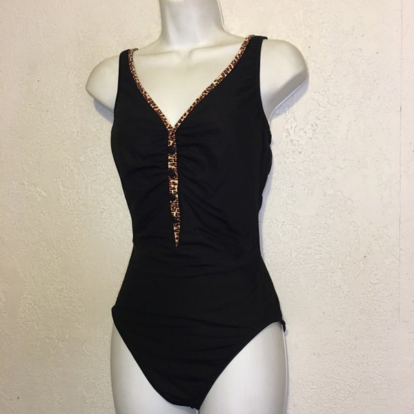 Vintage 1990s Bathing Suit ~ Subtle Animal Print on Black, Size 12