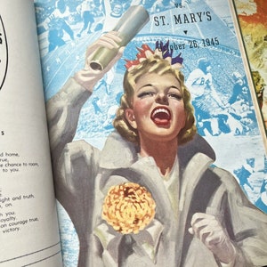 Puede incluir: Una portada de revista vintage con una mujer con un abrigo gris y una flor blanca en el pecho. El texto de la portada dice "TUCSON VS. ST. MARY'S October 26, 1945".