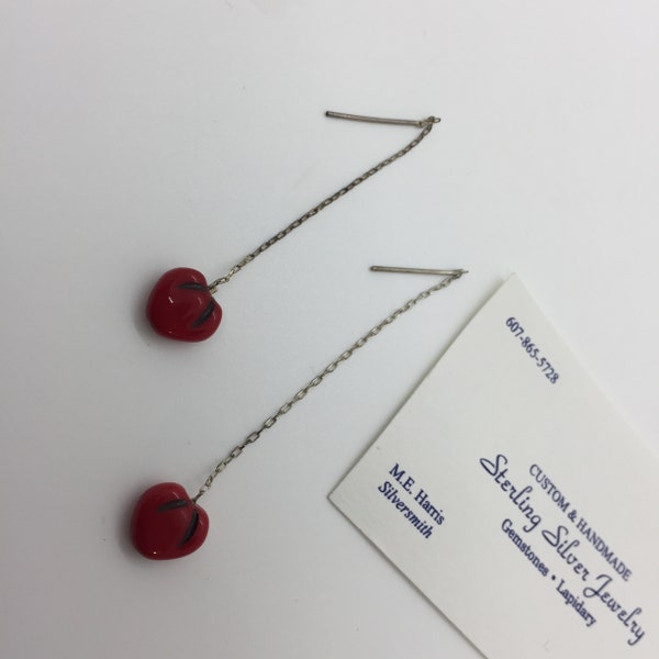 Sterling Silver Threader Earrings ~ Dainty Chains with Bright Red Coral Puffy Hearts