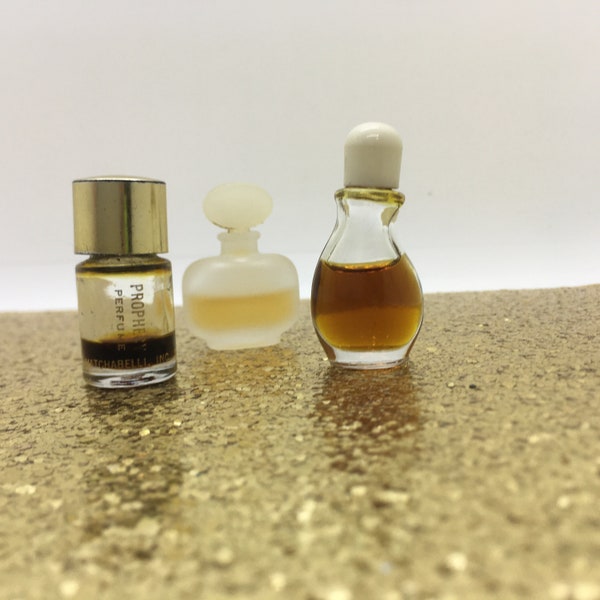3 Vintage Micro Mini Perfume Bottles ~ Prince Matchabelli Prophecy, Halston, Avon Soft Musk