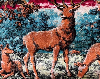 Vintage Deer Family Woodland Scene Velvety Tapestry Wall Hanging