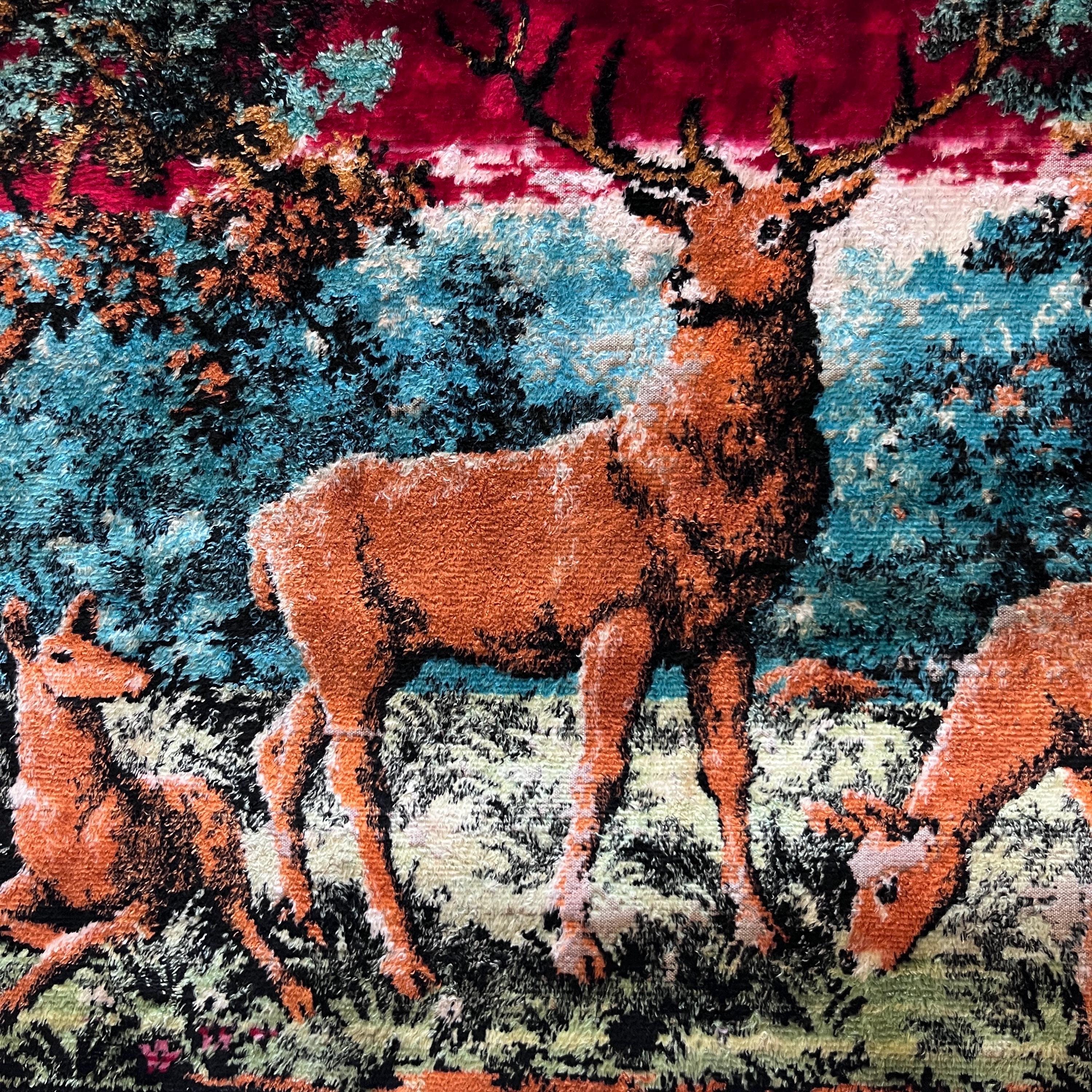 Vintage Deer Family Woodland Scene Velvety Tapestry Wall Hanging