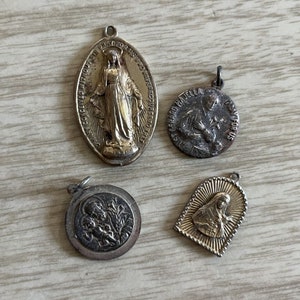 4 Vintage Catholic Saint Sterling Silver Religious Medals . Therese, Mary, Gerard, Christopher