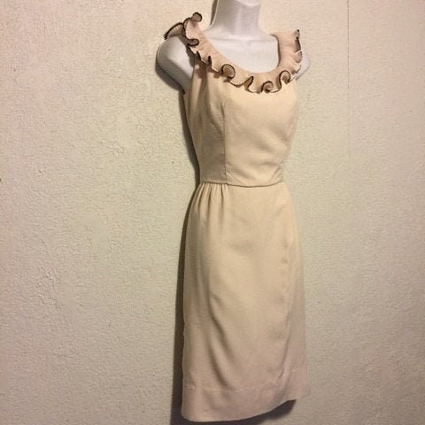 Ruffled Vintage 1960s Cream & Black Dress by Johnnye Jr.