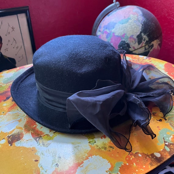 Arlin Black Wool Wide Brim Hat Vintage 1950s Bow Trim Made in USA Arlin Black Wool Wide Brim Hat Vintage 1950s Bow Trim Made  main image 2