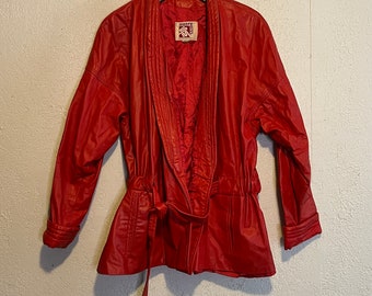 Vintage 1980s Red Leather Coat . Belted Mid-Length Jacket by Sheep Mates, 14