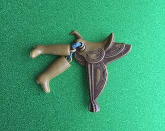 Vintage Plastic Saddle & Dangling Boots Pin, Brooch